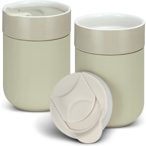 Two light beige ceramic coffee cups with lids, featuring a logo on the surface.