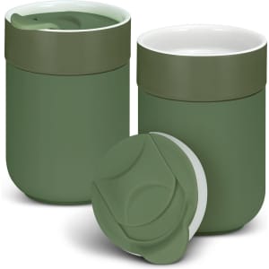A green ceramic coffee cup set with a lid, featuring a smooth finish and simple design.