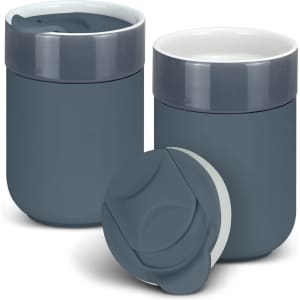 A ceramic coffee cup in teal with a grey lid, featuring a sleek, modern design and a branding logo.