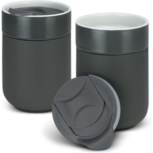 A ceramic coffee cup set in dark green, featuring a sleek design and one lid. Has a logo on the surface.