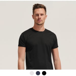 A unisex black t-shirt displayed on a model against a light background, featuring a brand logo.
