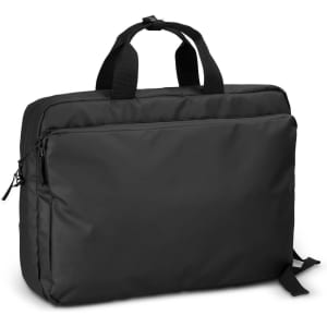 A black laptop bag with dual handles and a detachable shoulder strap, featuring a front zipped pocket and a smooth finish.