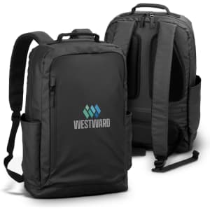 Aquinas Backpack in black, featuring a logo, with multiple pockets and padded straps for comfort.