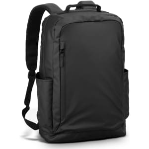 A black Aquinas Backpack with multiple pockets and adjustable straps, featuring a logo.