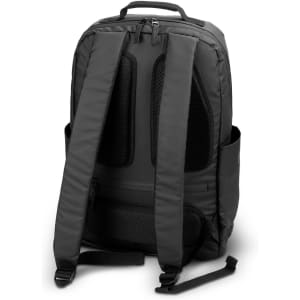 Aquinas Backpack in black with padded straps and mesh detailing on the back. Features a logo on the exterior.
