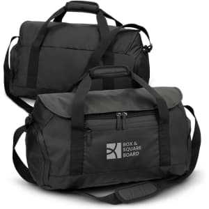Black duffle bag featuring dual handles, a shoulder strap, and a front zip pocket. Includes branding on one side.