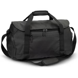 Aquinas 20L duffle bag in black with dual handles and a shoulder strap, featuring a front zip pocket.
