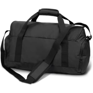 Black duffle bag with dual handles and an adjustable shoulder strap, featuring a logo.