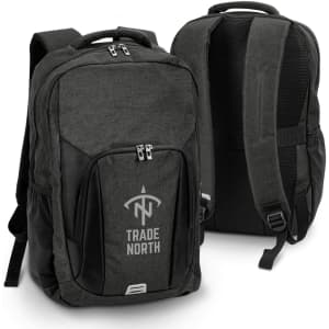 A dark green backpack with black accents and a logo on the front, featuring multiple compartments and padded straps.