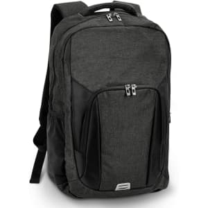 A grey and black backpack with multiple compartments and a logo. Designed for practicality and style.