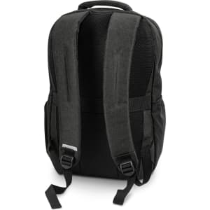 A dark grey backpack with padded straps and a textured back, featuring a logo on one side.