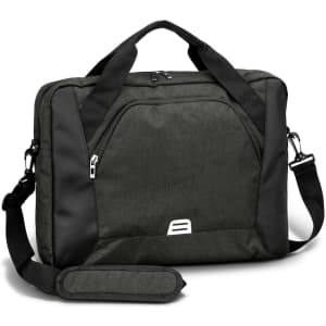 A dark green laptop bag with black accents and a shoulder strap, featuring a logo on the front.