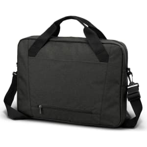 A green laptop bag with dual handles, a shoulder strap, and a zippered pocket on the back. It features a logo.