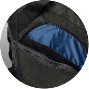 A dark green laptop bag featuring multiple compartments, including a blue-lined inner pocket and a sleek design.