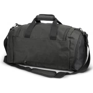A dark green duffle bag with black accents, featuring sturdy handles and a detachable shoulder strap.