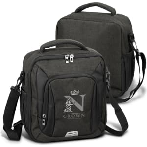 A green cooler bag with black accents and a logo, featuring adjustable shoulder strap and handles.
