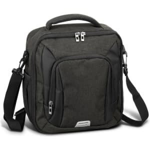 A green cooler bag featuring a zippered main compartment, front pocket, and adjustable shoulder strap. It has a logo.