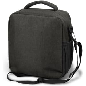 A dark green cooler bag with a handle and adjustable strap, featuring a side mesh pocket and a logo.