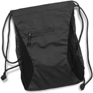 A black drawstring backpack featuring a zippered pocket and mesh side panels. It has a simple, sleek design.