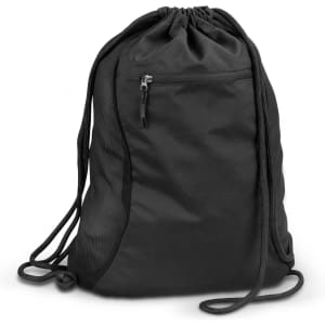 A black drawstring backpack with a front zip pocket and mesh side panels, featuring a logo.