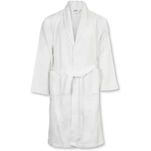 A white waffle bathrobe featuring a tied waist and long sleeves, with a logo on the neckline.