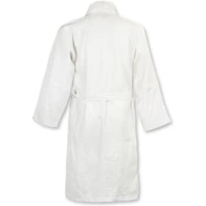 A white waffle bathrobe with long sleeves and a belt, featuring branding on the back.