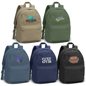 A selection of five canvas backpacks in khaki, green, teal, navy, and black, each featuring a logo.