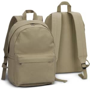 A canvas backpack in a muted green shade, featuring a front pocket and padded shoulder straps. It has a logo present.