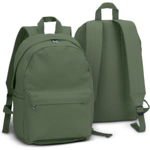 A green canvas backpack with padded straps and a large front pocket, featuring a logo.