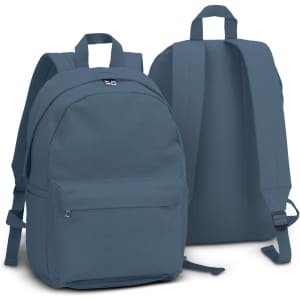 A blue canvas backpack with a front pocket and adjustable straps, featuring a logo on the front.