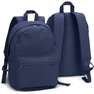 A navy canvas backpack with two shoulder straps and a front pocket, featuring a simple design and a logo.