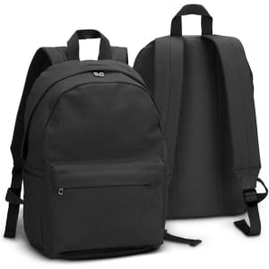A black canvas backpack with adjustable straps and a simple, sleek design. It features a logo on the front.