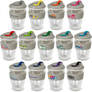 A drink bottle featuring a clear body and assorted coloured lids, with various logos on the silicone sleeve.