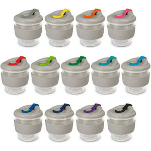 A set of Valencia Cups in various colours, featuring transparent bases and grey lids with coloured hooks.