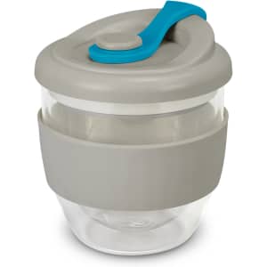 A drink bottle featuring a clear glass body, grey silicone band, and a blue lid with a secure closure.