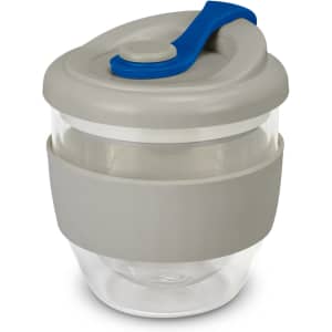 A drink bottle in grey and clear glass with a blue lid and a silicone band, featuring a logo.