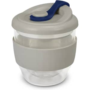 A drink bottle with a clear glass body, grey silicone sleeve, and a blue lid featuring a flip top and a logo.