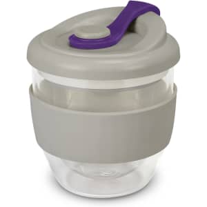 A drink bottle featuring a grey and clear design with a purple lid and a silicone grip. It has a logo present.