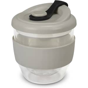 A drink bottle in a light grey and clear design, featuring a silicone sleeve and a black lid with a button.