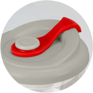 A drink bottle featuring a grey body and a red flip-top lid with a seal. The bottle has a logo on it.