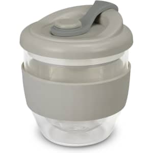 A drink bottle with a transparent base and a grey lid and band, featuring a secure closure and a sleek design.