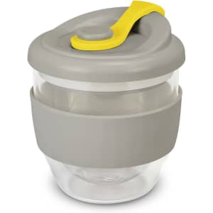 A drink bottle with a grey body, clear glass section, and a yellow lid. It features a logo on the surface.