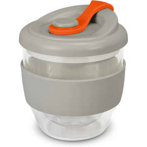 A drink bottle featuring a grey body and lid with an orange toggle, designed with a rubber grip.