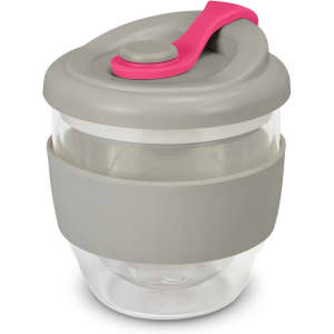 A drink bottle with a transparent glass body, grey silicone sleeve, and a pink lid. It features a logo.