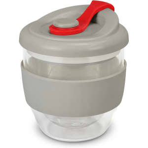 A drink bottle featuring a clear glass body, grey silicone sleeve, and a grey lid with a red stopper.