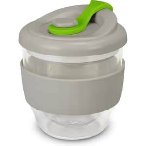 A drink bottle featuring a grey and green design, with a transparent body and a secure lid.