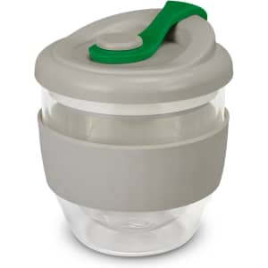 A drink bottle featuring a clear body with a grey sleeve and a green lid, complete with a logo.