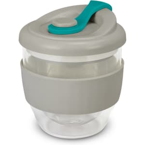 A drink bottle with a clear body, grey silicone band, and a teal lid. It features a logo on the side.