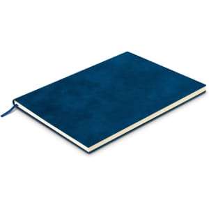 A large navy blue soft cover notebook with a textured appearance and a ribbon bookmark.