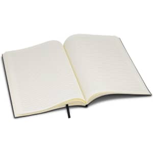 A large Genoa soft cover notebook featuring blank lined pages and a black cover.